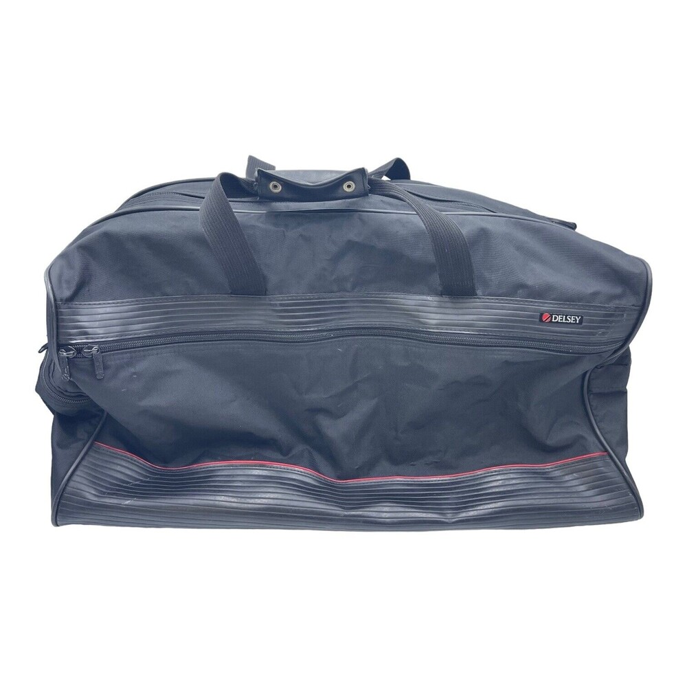 Vtg DELSEY Large Black Leatherette Gym Duffle Bag w Red Stripe
